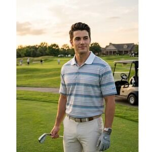 Nike Golf Tour Performance Mens XL Dri-FIT Striped Polo Shirt Grey Blue Green